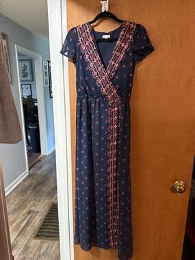 Xhilaration Navy Maxi Dress with Pink Floral Trim